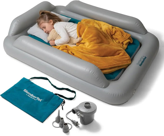 Cama de viaje inflable para niños pequeños SlumberTot: colchón de aire portátil para niños con protectores de seguridad, tamaño perfecto ideal para