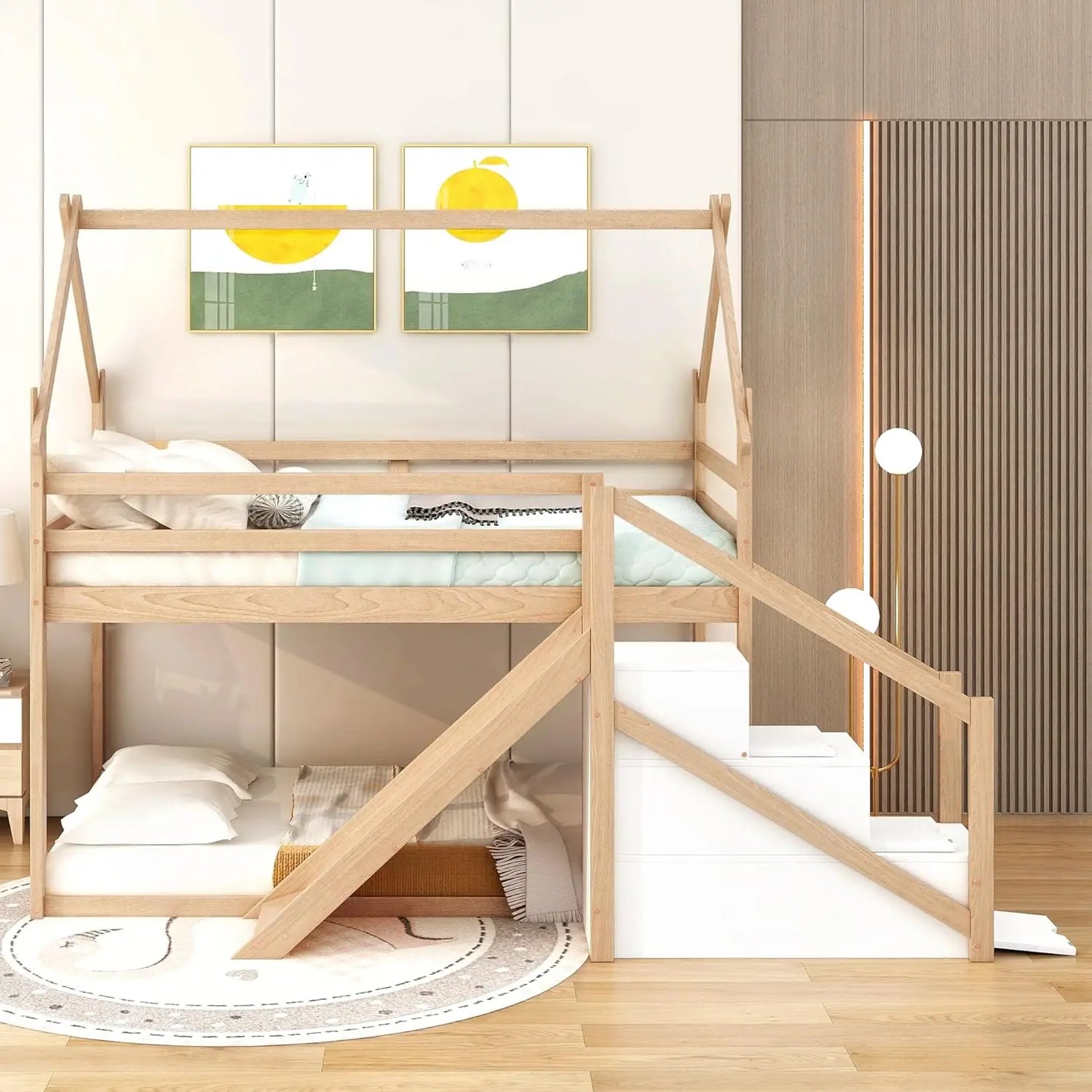 Litera Merax Twin sobre Twin con tobogán y escaleras de almacenamiento para 2 niños, niñas y adolescentes, estructura de cama tipo casa de madera y cama de tamaño completo