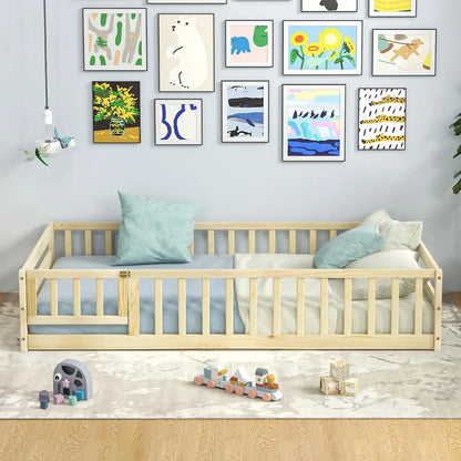 Lit double au sol avec porte et clôture, lit Montessori en bois pour enfants avec barrières de sécurité, cadre de lit au sol pour enfants, garçons, filles, sans boîte