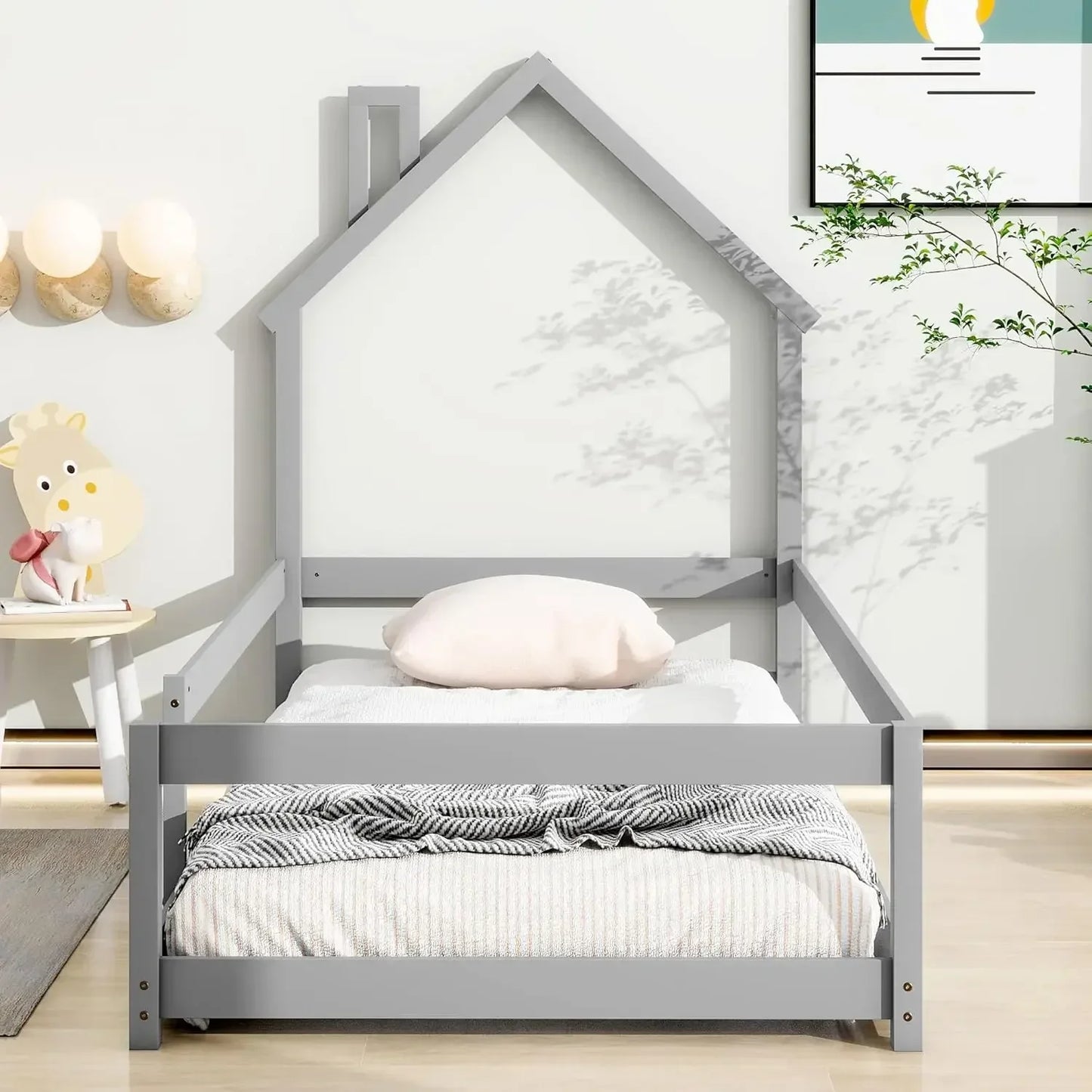 Lit double avec tête de lit en forme de maison et clôtures, lit Montessori en bois pour enfants, cadre de lit double pour filles et garçons (gris)