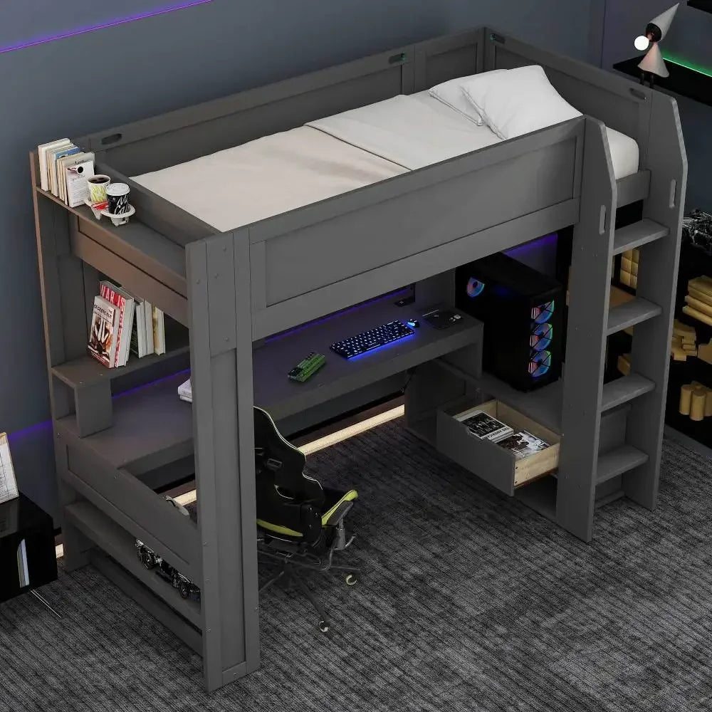 Wood Full Size Gaming Loft Bed Desk, Multi-storage Shelves,LED and Charging Station,Dark Gray Kids Bed Boys Bed Children's Beds