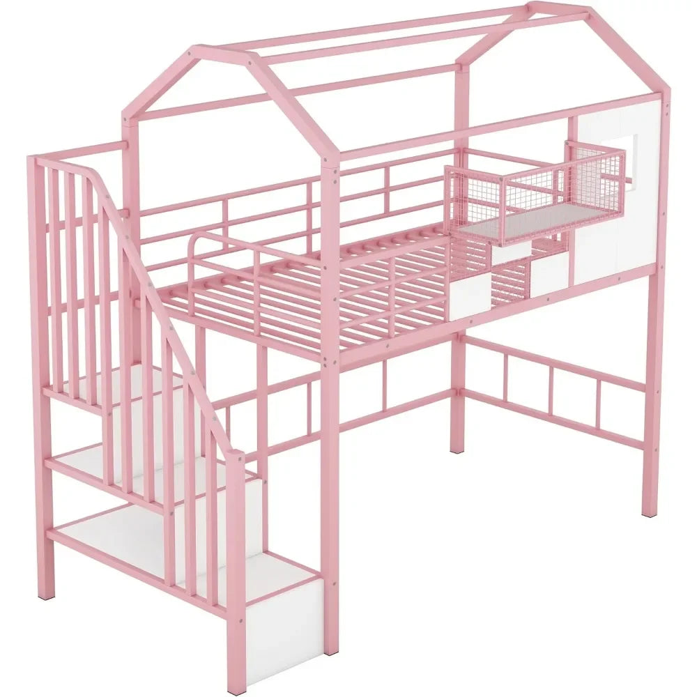 Twin Size House Loft Bed with Stairs and Storage, with Storage Box and Safety Rail Heavy-Duty Metal Princess Loft Bed Frame