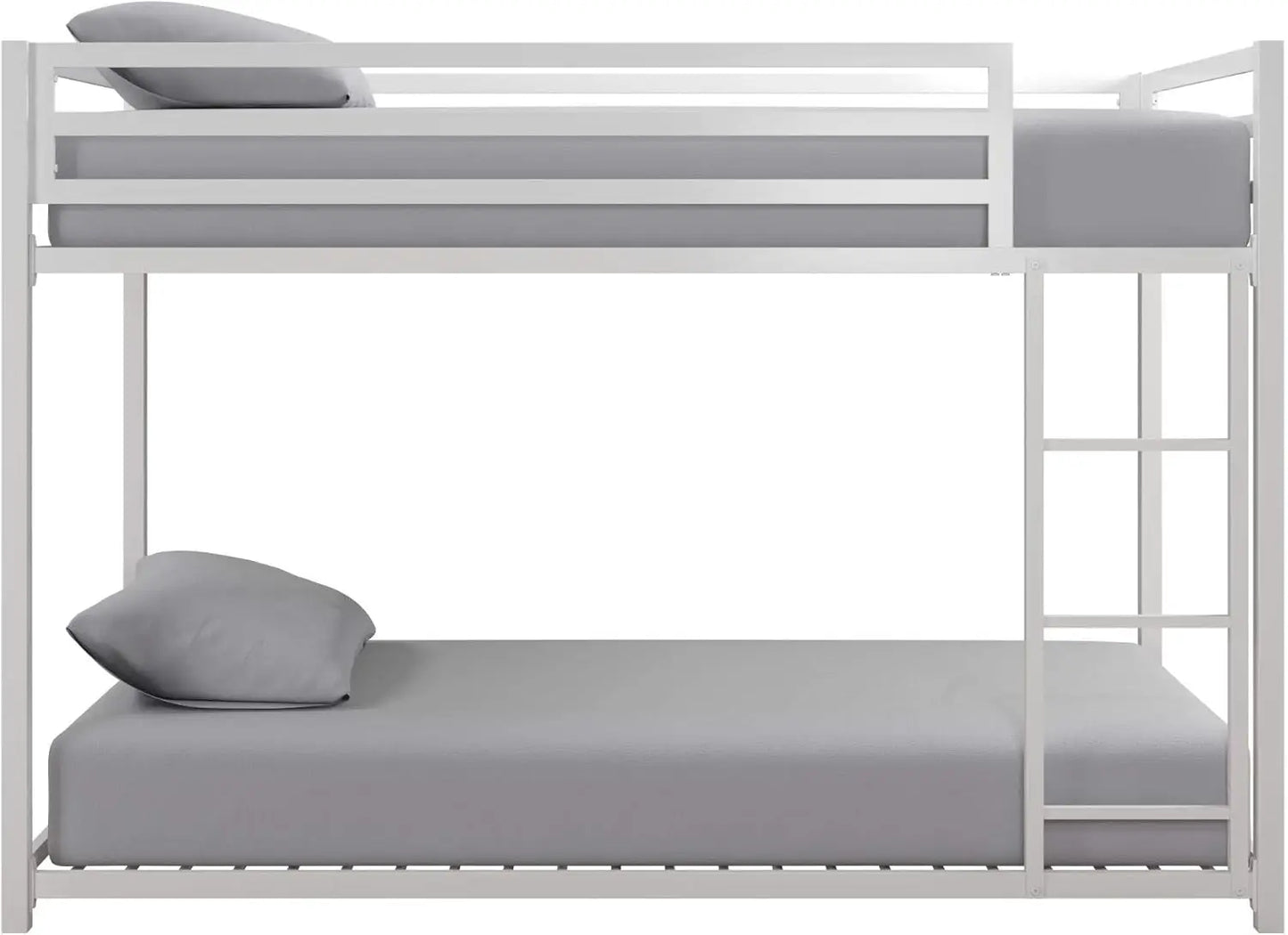 Miles Low Metal Bunk Bed Frame for Kids, With Built-in Ladder, High Guardrail and Metal Slats, Floor Bed Bottom Bunk, White