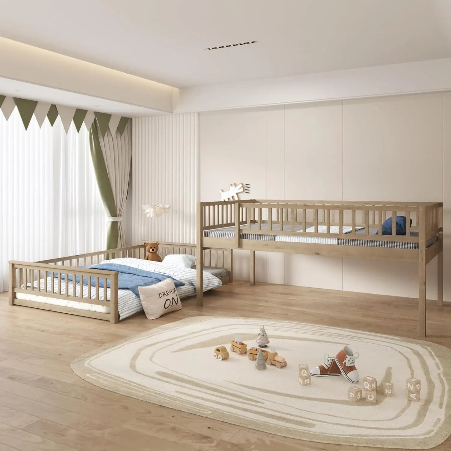 Lit superposé moderne Full XL sur Queen avec échelle et garde-corps, lit superposé en bois pour chambre d'enfants, adolescents et adultes, design amovible