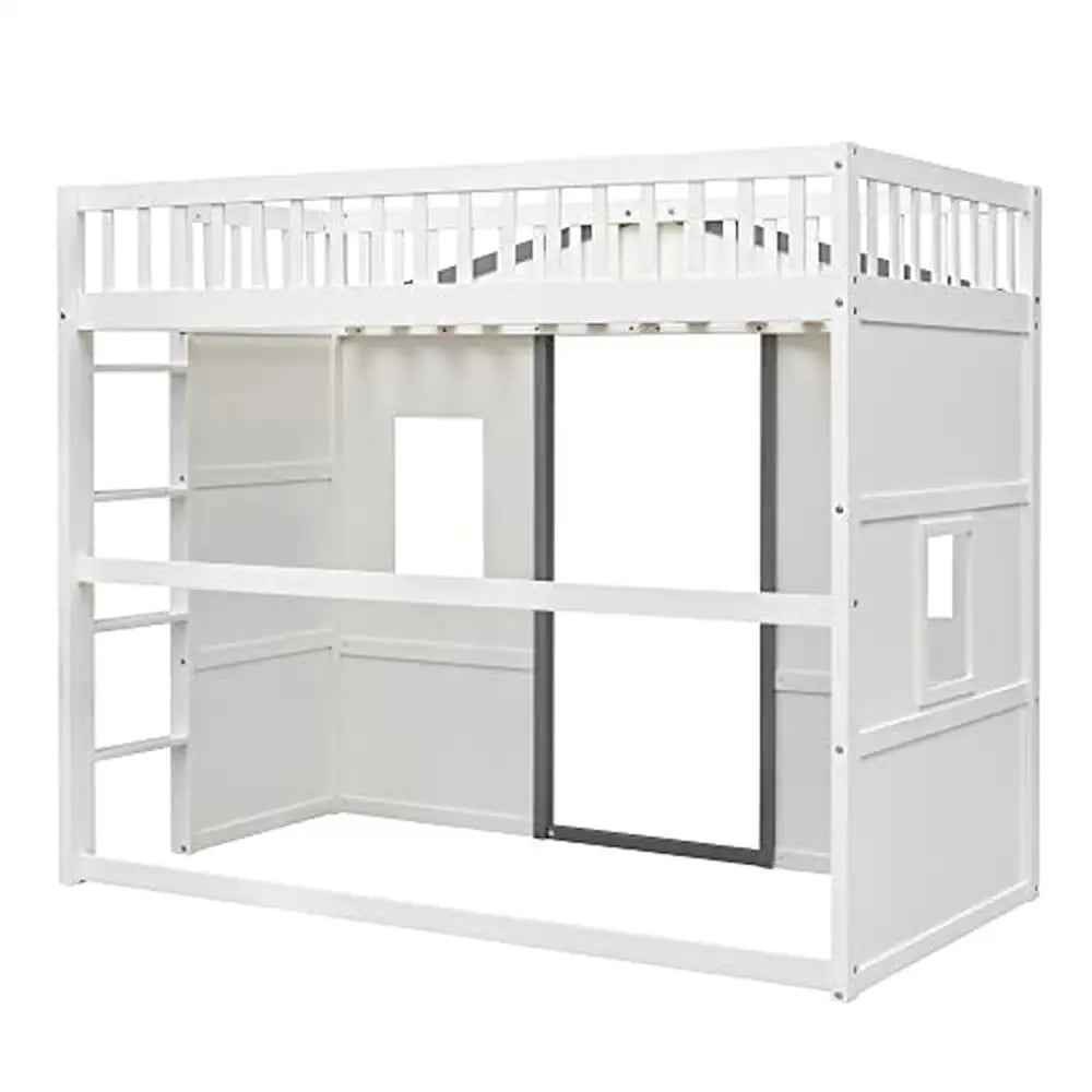 Lit mezzanine pour enfants de taille double, cadre de lit blanc et gris, fenêtre, échelle, bois massif, design robuste, espace de rangement, style moderne, facile