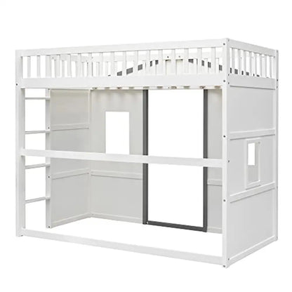 Casa de juegos para niños tamaño doble, estructura de cama alta, escalera con ventana en color blanco y gris, madera maciza, diseño resistente, espacio de almacenamiento, estilo moderno, fácil de usar