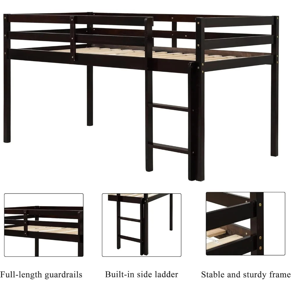 Cadre de lit mezzanine avec échelle, lit mezzanine bas en bois massif, lit simple, lit mezzanine simple pour garçons et filles, pas besoin de sommier