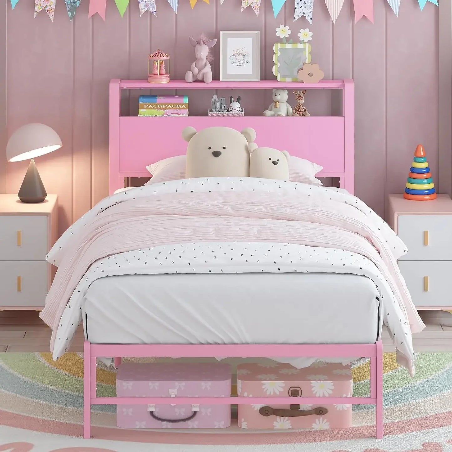 Cadres de lit jumeaux pour enfants avec 2 étagères de rangement en bois Tête de lit, lit double Aucun sommier nécessaire Rangement sous le lit