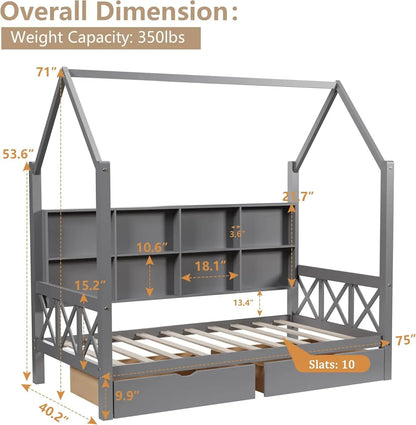 Cama individual para niños, casita con 2 cajones, plataforma con cabecero y listones de madera, casita con valla para niños