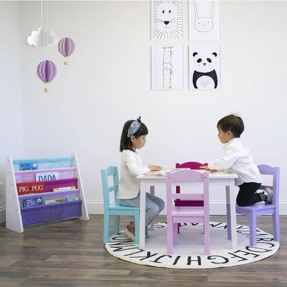 ensemble table et chaises pour enfants, ensemble table et 4 chaises en bois Humble Crew Tot Tutors - Collection Forever blanche, rose et violette,