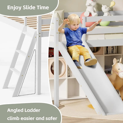 Cama alta con tobogán, estructura de madera para cama alta doble con escalera para trepar y espacio de almacenamiento para niños pequeños (blanco)