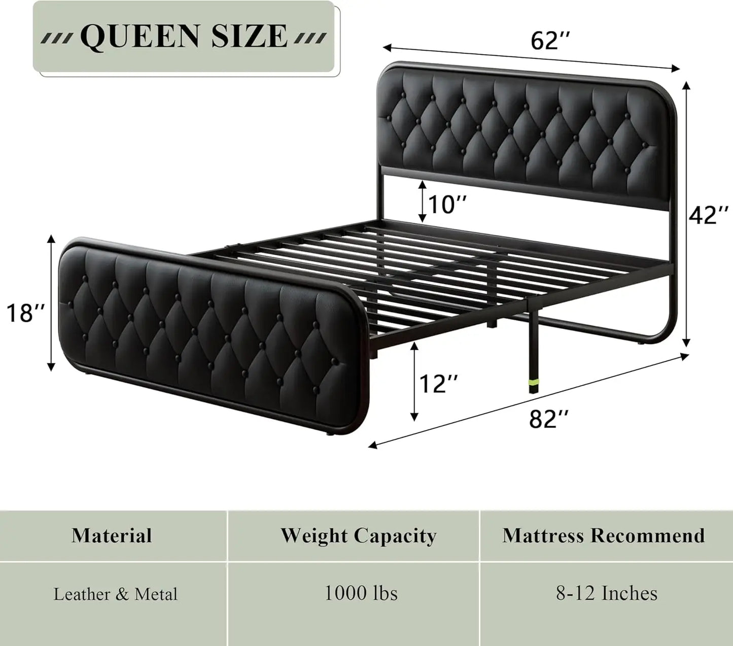 Cadre de lit Queen Size, cadre de lit robuste avec tête de lit en similicuir, lit plateforme rembourré avec lattes métalliques solides, 12" Un