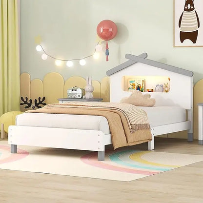 Cadre de lit double en bois crème pour enfants, tête de lit en forme de maison avec veilleuses à détection de mouvement, capacité de 200 lb, cadre de lit pour enfants