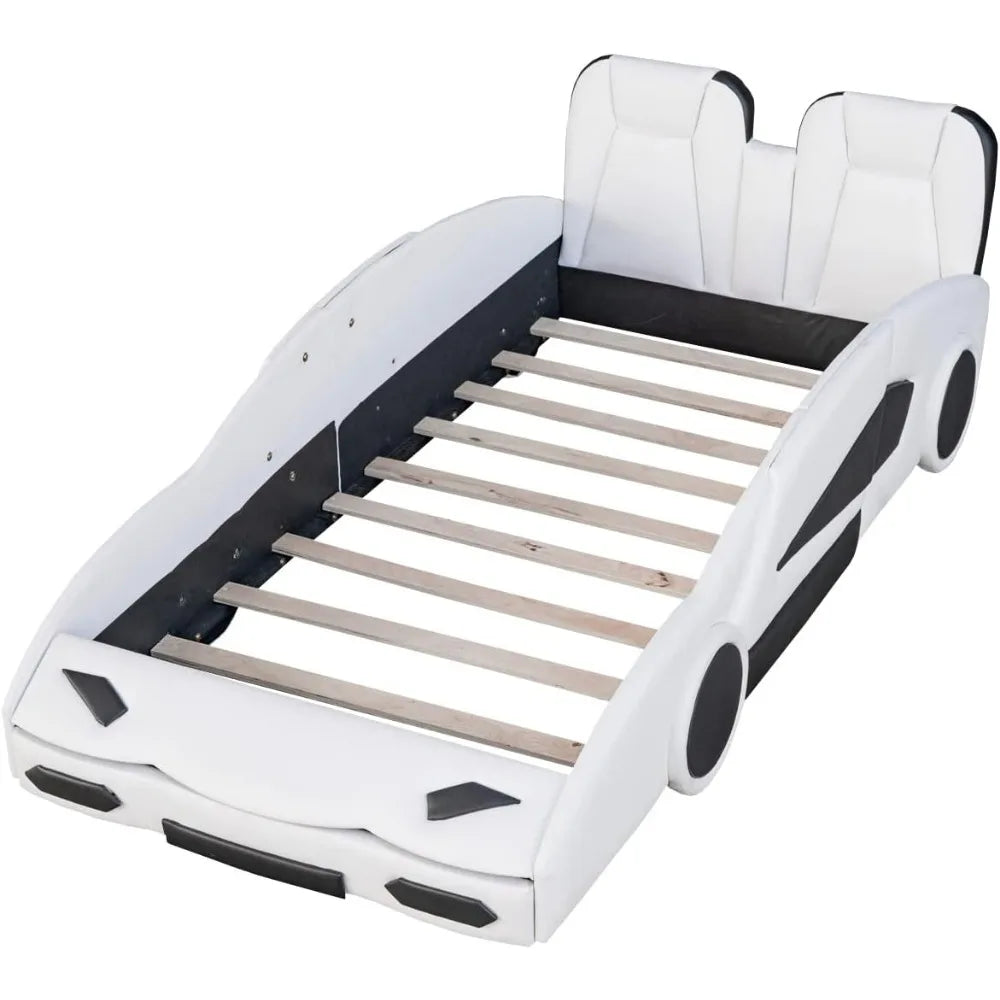 Cama de coche de carreras de tamaño doble para niños, marco de cama de coche genial con ruedas para niños, cama doble para niños con forma de coche de carreras y barandilla para niños