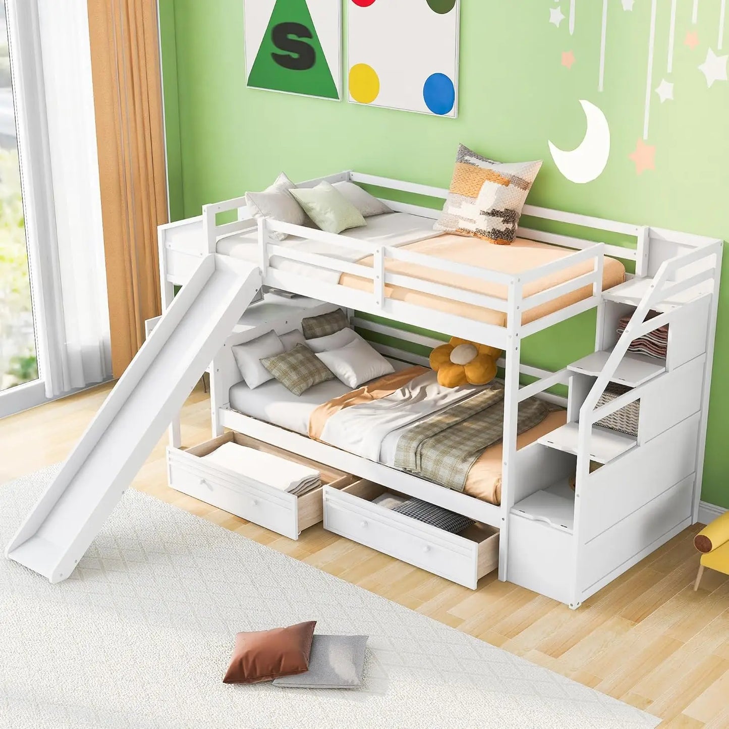 Twin Over Twin Bunk Bed with Desk and Stairs Wooden Versatile BunkBed with Slide Storage Drawers and Bookshelves for Kids Teens