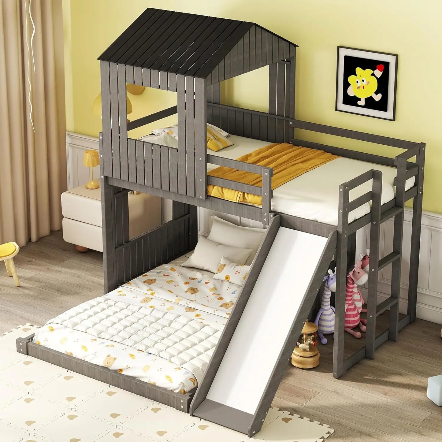 Kids with Playhouse Design, Wood Toddler Bunk Beds with Roof,Windows and Ladder for Boys or Girls,Antique Gray