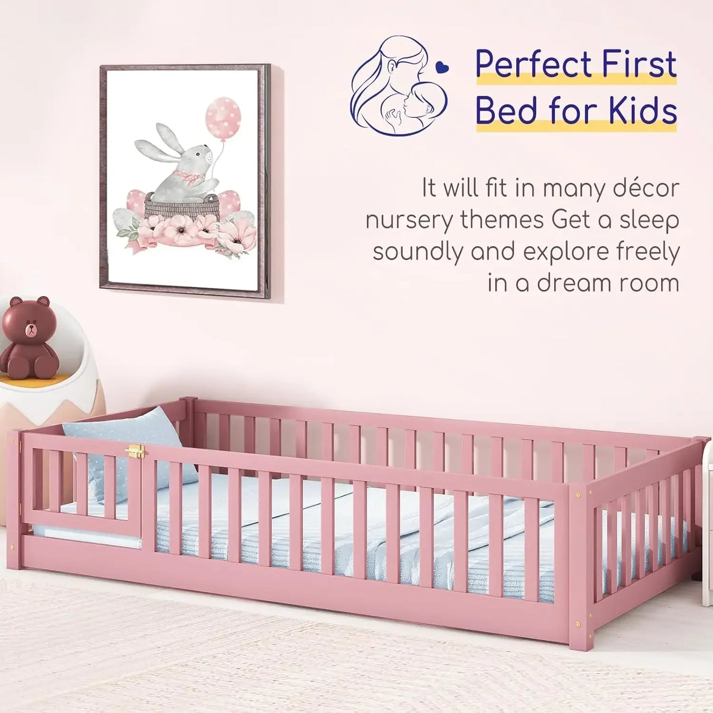 Cama Montessori rosa con barandillas de seguridad, puerta y listones, cama de suelo Montessori para niños, estructura de cama Montessori de madera