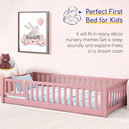 Twin Pink Montessori Bed with Safety Guardrails, Door, and Slats, Montessori Floor Bed for Kids, Wood Montessori Bed Frame