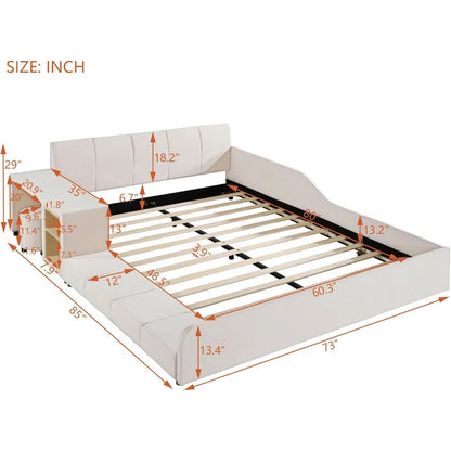 Lit plateforme rembourré en velours, cadre de lit en bois pour mère et enfant avec table de chevet