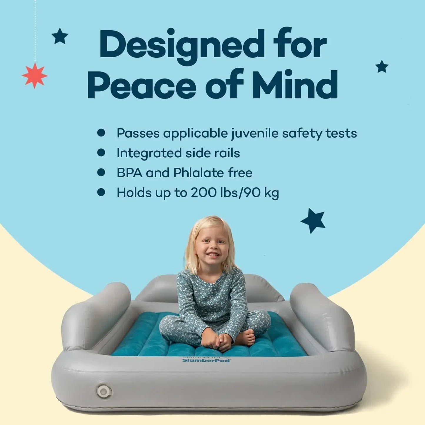 Cama de viaje inflable para niños pequeños SlumberTot: colchón de aire portátil para niños con protectores de seguridad, tamaño perfecto ideal para