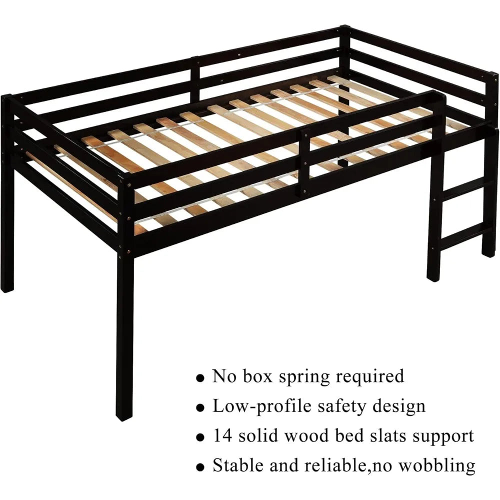 Cadre de lit mezzanine avec échelle, lit mezzanine bas en bois massif, lit simple, lit mezzanine simple pour garçons et filles, pas besoin de sommier