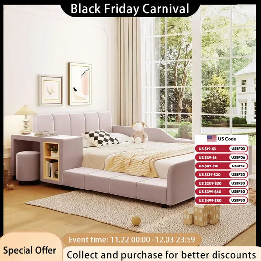 Modern Full-size Cushioned Mother and Baby Bed Velvet Fabric Cushioned Floor Platform Bed with Bedside Table