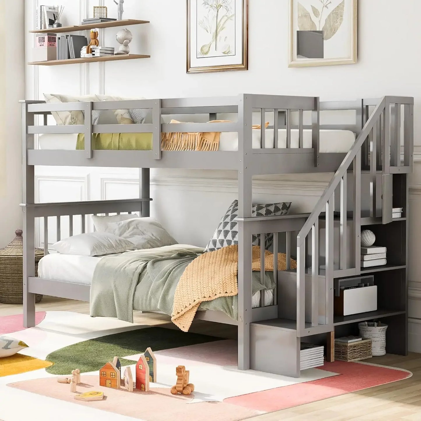 Litera doble sobre dos camas individuales con escaleras, estructura de litera de madera maciza con espacio de almacenamiento para dormitorio de niños, adolescentes y adultos, camas para niños