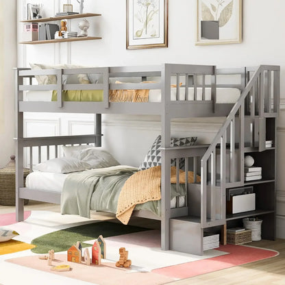 Twin Over Twin Bunk Bed with Stairs, Solid Wood Bunk Bed Frame with Storage for Kids Teens Adults Bedroom Dorm, Children Beds