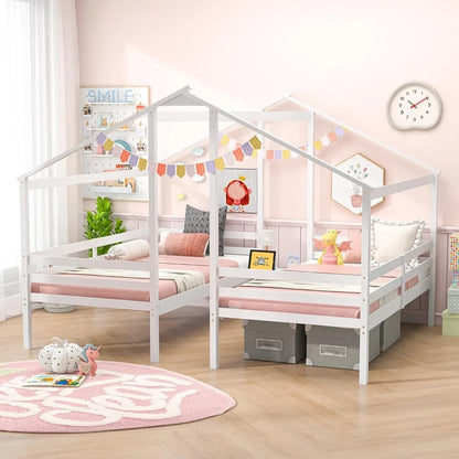 Twin Bed Frames for Kids, Wood House Shaped Platform with Built-in Nightstand & USB Port, 2 Shared Beds for Teens, Boys & Girls