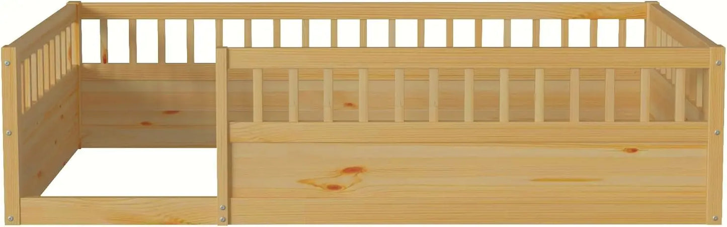 Toddler Floor Bed with Safety Fence,Playhouse Floor Bed with High Rails for Children Bedroom,Montessori Bed with Sturdy Soild Wo