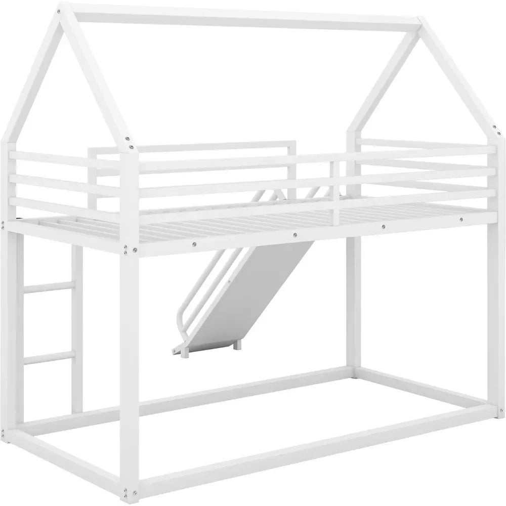 Twin Over Twin Metal Bunk Bed with Slide and Roof Design for Kids,Girls, Boys,House Shaped Bunk Bed Frame,No Box Spring Required