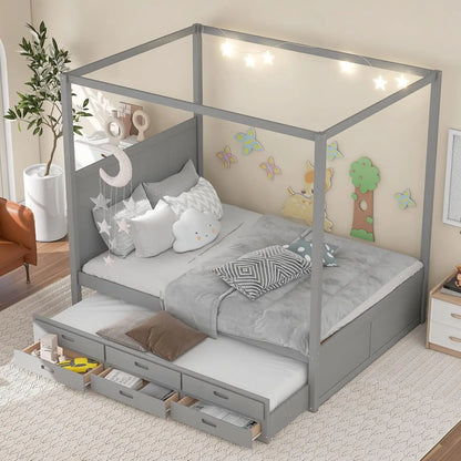 Cama con dosel tamaño queen con cama nido doble y tres cajones de almacenamiento, estructura de cama de madera para niños, adolescentes y niños