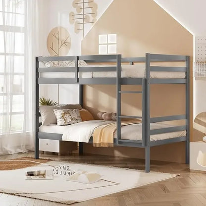 Wood Bunk Bed Twin Over Twin, Bunk Bed with Ladder & Safety Guardrail, Solid Wood Bed Frame, Ideal Multiple-Child Family, Beds