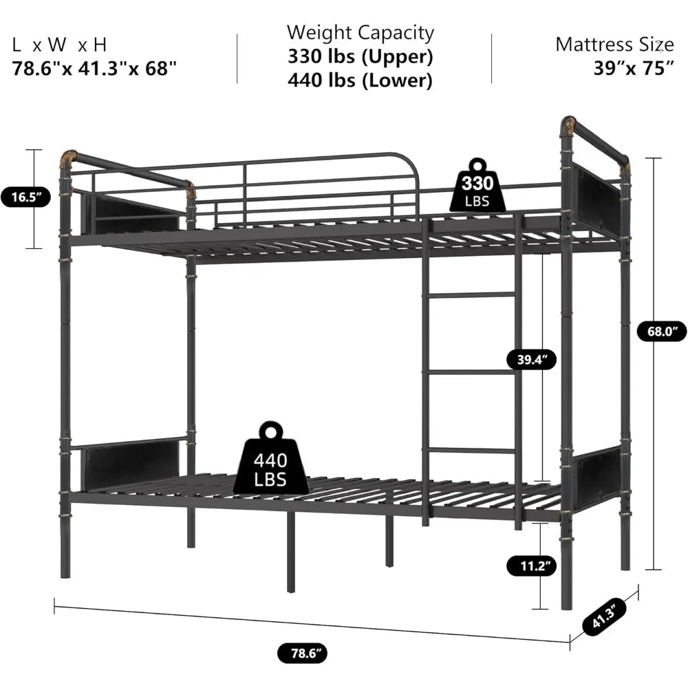 Lit superposé 2 en 1 en métal pour deux personnes, lits superposés jumeaux convertibles en 2 lits individuels pour enfants et adultes, garde-corps de 16,5" de hauteur