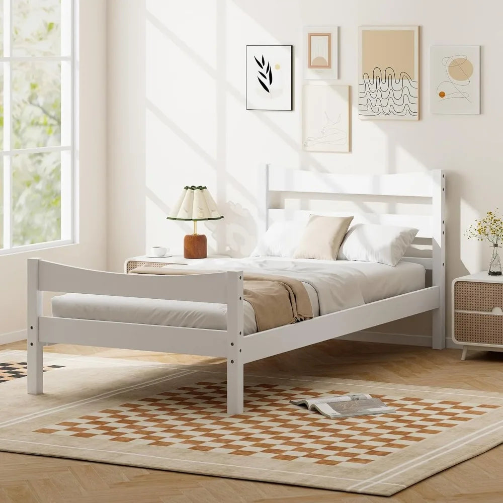 Wood Twin Bed Frame, Modern White Platform Bed w/Headboard & Footboard, Solid Wood Slat Support, No Box Spring Needed