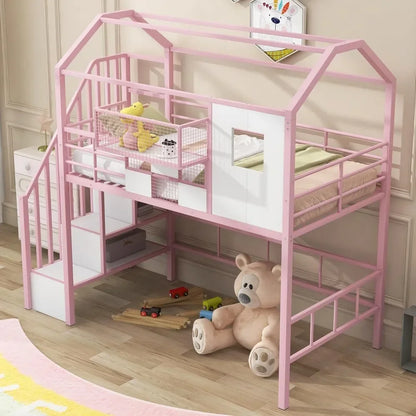 Twin Size House Loft Bed with Stairs and Storage, with Storage Box and Safety Rail Heavy-Duty Metal Princess Loft Bed Frame