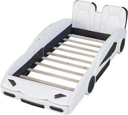 Cama de coche de carreras de tamaño doble para niños, marco de cama de coche genial con ruedas para niños, cama doble para niños con forma de coche de carreras y barandilla para