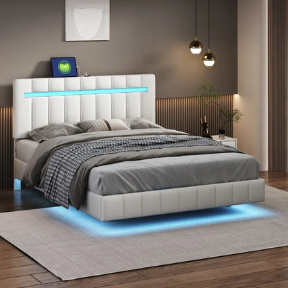 Cadre de lit flottant Queen Size avec lumières LED et chargement USB, cadre de lit à plate-forme rembourré moderne à LED, conception sans bruit