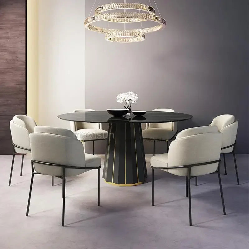 Round Dining Table Minimalist Circle Table Living Room Black Stone Marble Rural Style Dining Chair 6 People Restaurant Furniture