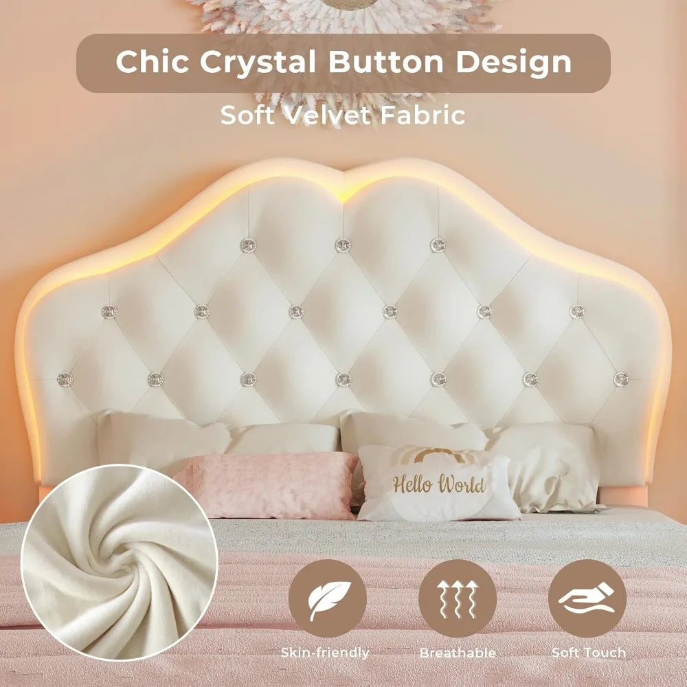 Twin Size Upholstered Bed Frame with LED Lights, Adjustable Headboard with Crystal Button, Princess Platform Bed for Girls