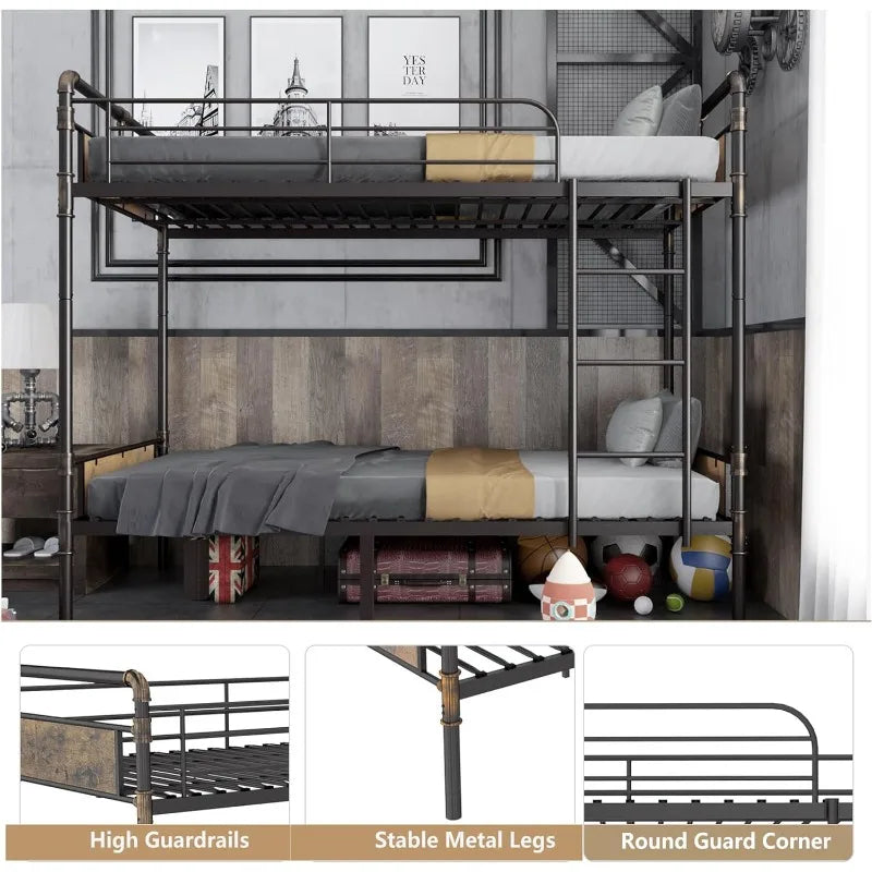 Twin Over Twin Bunk Bed, Convertible Twin Bunk Beds Into 2 Individual Bed, Removable Ladder & Safety Guard Rail for Kids