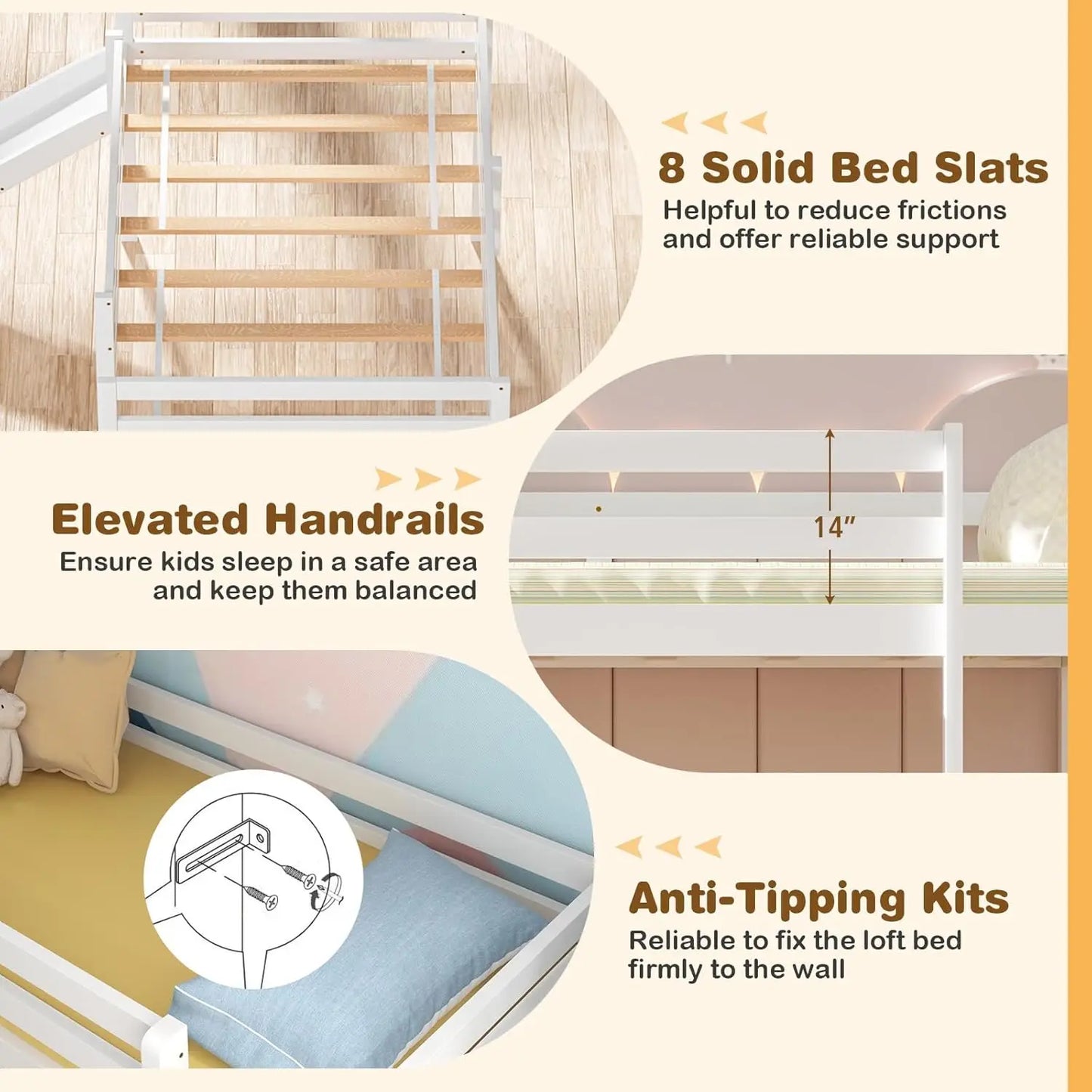 Lit mezzanine double avec toboggan, lit mezzanine bas en bois pour enfants, tout-petits, cadre de lit double avec échelle d'escalade et espace de rangement, lit double pour enfants