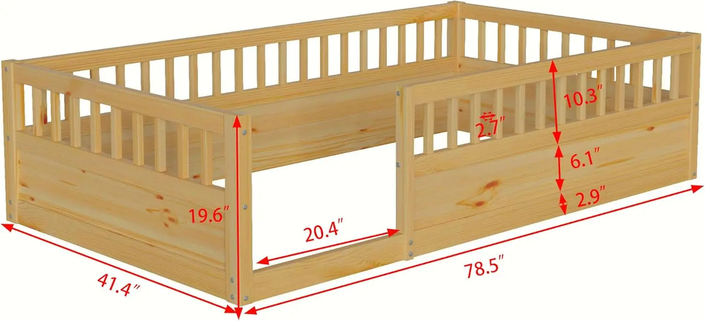 Cama de piso para niños pequeños con valla de seguridad, cama de piso tipo casa de juegos con barandales altos para dormitorio de niños, cama Montessori con madera sólida resistente