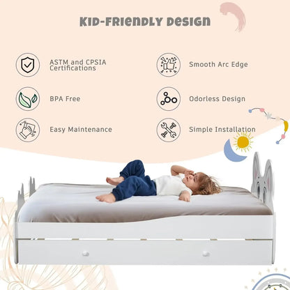 Merax Twin Size Children Cat-Shaped Platform Bed with Trundle, Wooden Bedframe, No Box Spring Needed, White