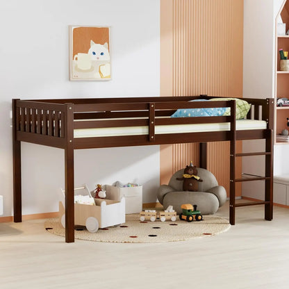 Cama baja tipo loft de tamaño doble con escaleras, cama tipo loft de madera para niños pequeños, jóvenes y adolescentes, estructura de cama doble de madera de pino, ahorro de espacio