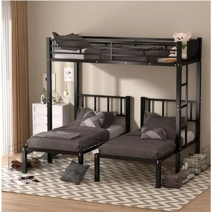 L-Shaped Triple Bunk Bed with Drawers for 3 Kids,Can Be Divided Into 3 Separate Beds W/Safety Textilene Guardrals, Bed Frame