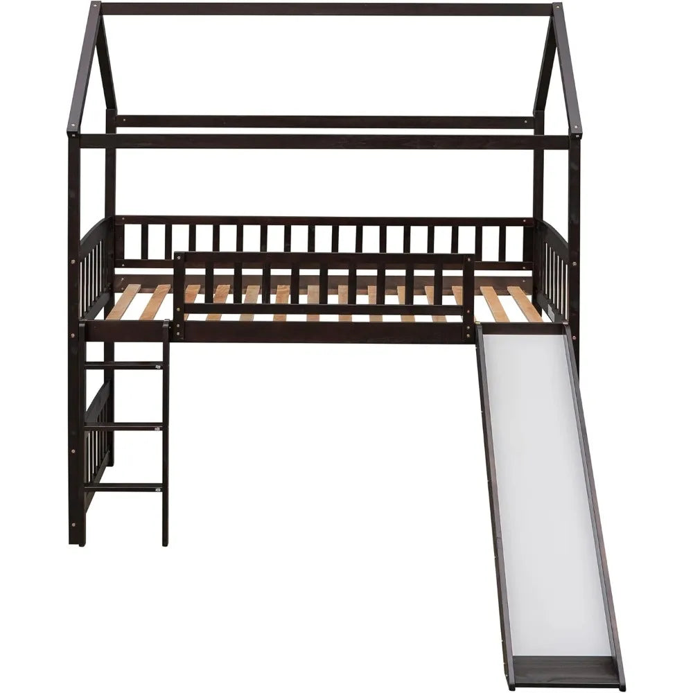 Lit mezzanine double avec toboggan, cadre en bois de pin massif en forme de maison avec garde-corps de sécurité et échelle, pas besoin de sommier, gain de place