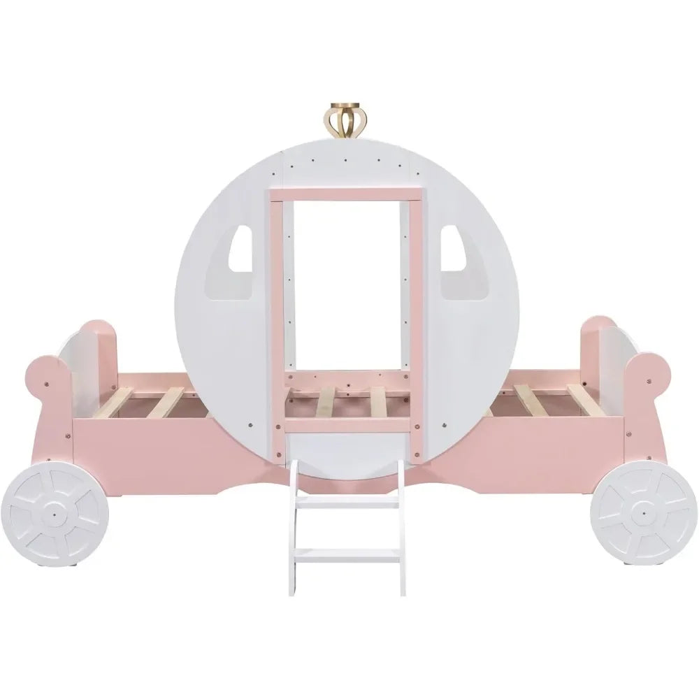 Twin Size Princess Carriage Bed Frame for Boys Girls Kids Toddler with Crown,Wood Platform Car Bed with Stair Children Furniture