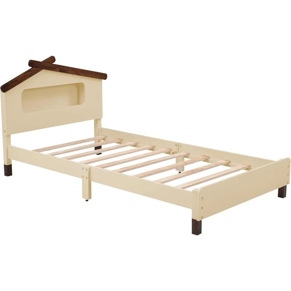 Cadre de lit double en bois crème pour enfants, tête de lit en forme de maison avec veilleuses à détection de mouvement, capacité de 200 lb, cadre de lit pour enfants