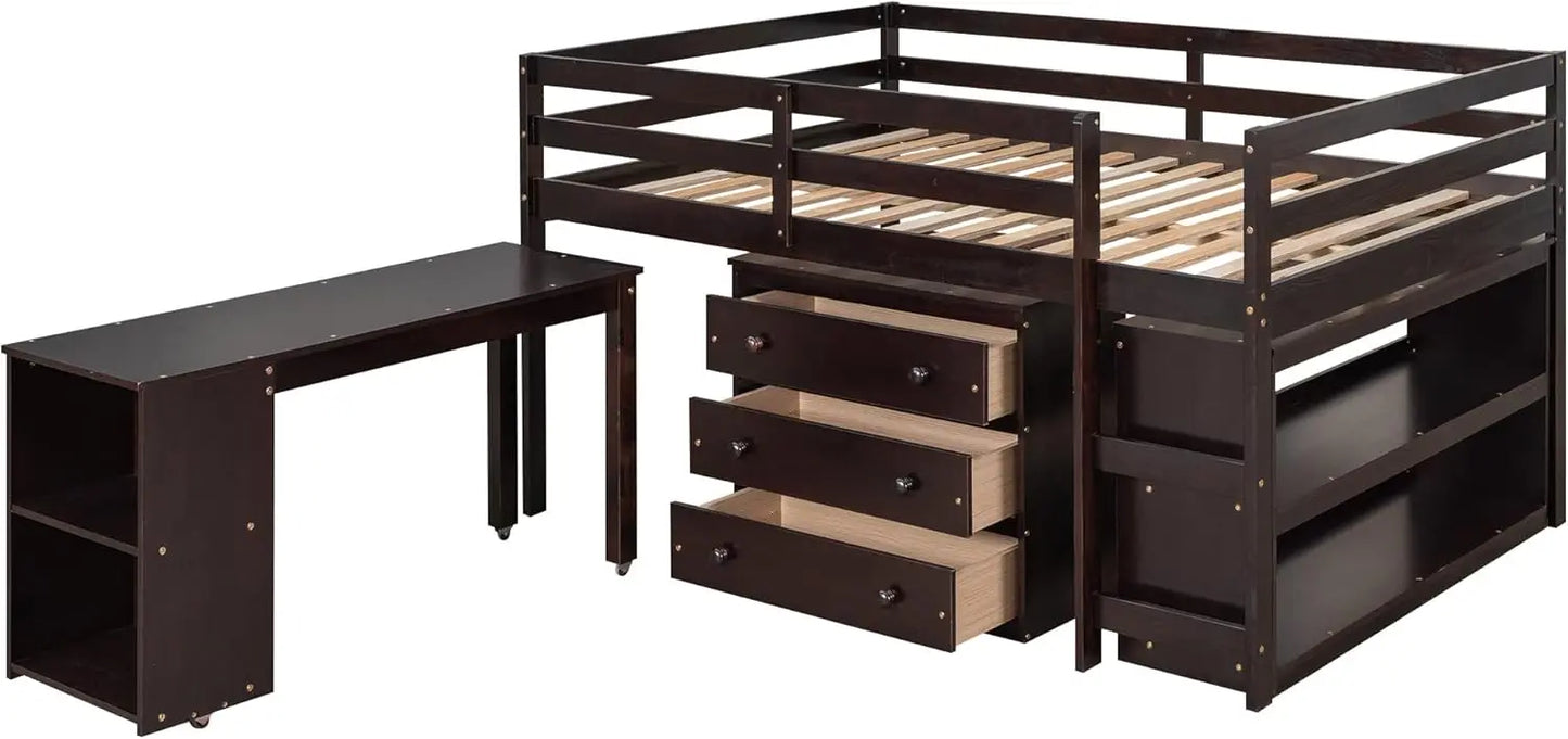 Cama alta con escritorio y tocador tamaño completo, estructura de cama alta de madera para niños con gabinete y estantes de almacenamiento y escritorio portátil con ruedas para J